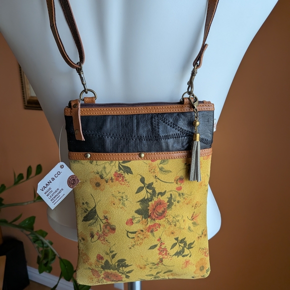 VAAN & CO Handbags - Yellow Floral Crossbody Bag with Brown Trim and Tassel 100% Leather